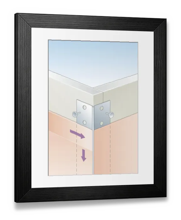 Framed Print : Digital Illustration of metal corner bead strengthened with filler and nailed to external corner in plasterboard Framed Print : Digital Illustration of metal corner bead strengthened with filler and nailed to external corner in plasterboard