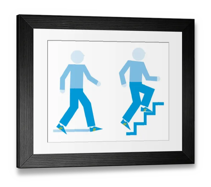 Framed Print : Digital illustration representing men exercising with brisk stroll and running up steps