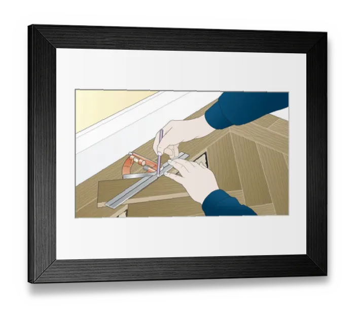 Framed Print : Digital illustration showing how to fill gaps at edge of floor by marking herringbone blocks using combination square Framed Print : Digital illustration showing how to fill gaps at edge of floor by marking herringbone blocks using combination square