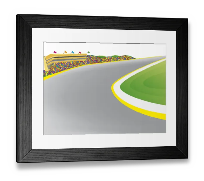 Framed Print : Digital illustration of part of motor racing track with representation of spectators, and grand stand Framed Print : Digital illustration of part of motor racing track with representation of spectators, and grand stand