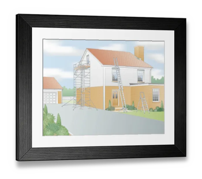 Framed Print : Digital illustration secure ladders and access tower outside house Framed Print : Digital illustration secure ladders and access tower outside house