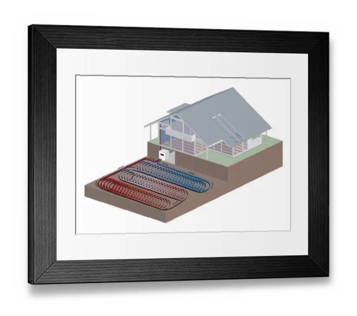 Framed Print : Cross section digital illustration showing ground-source heat pumps Framed Print : Cross section digital illustration showing ground-source heat pumps
