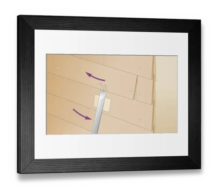 Framed Print : Digital Illustration showing how to remove weatherboard using a crowbar resting on protective offcut Framed Print : Digital Illustration showing how to remove weatherboard using a crowbar resting on protective offcut