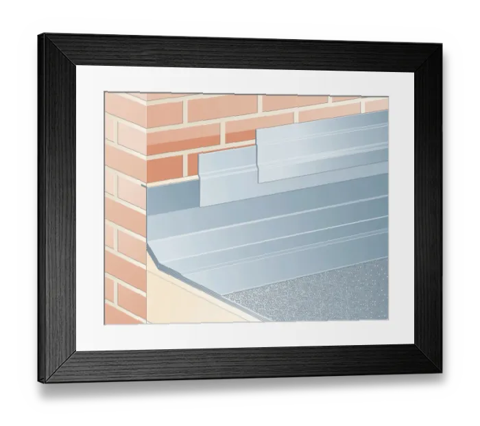 Framed Print : Digital illustration waterproof, overlapping aluminium flashing tape on joint between roof and brick wall Framed Print : Digital illustration waterproof, overlapping aluminium flashing tape on joint between roof and brick wall