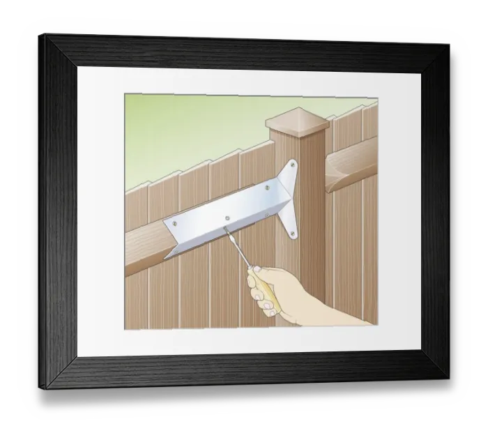 Framed Print : Digital illustration of screwing galvanized bracket to arris rail on garden fence Framed Print : Digital illustration of screwing galvanized bracket to arris rail on garden fence