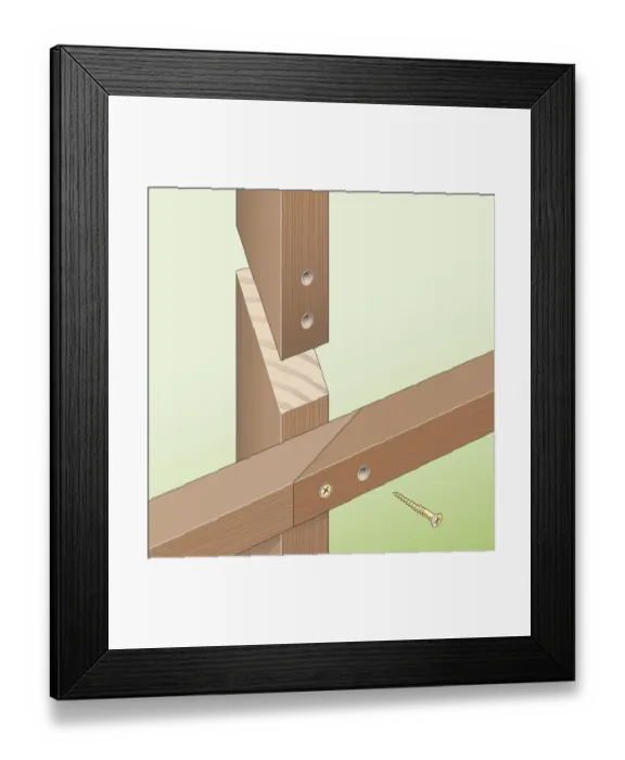Framed Print : Digital illustration showing how to repair non-structural timber using scarf joint and rust-proof screws Framed Print : Digital illustration showing how to repair non-structural timber using scarf joint and rust-proof screws