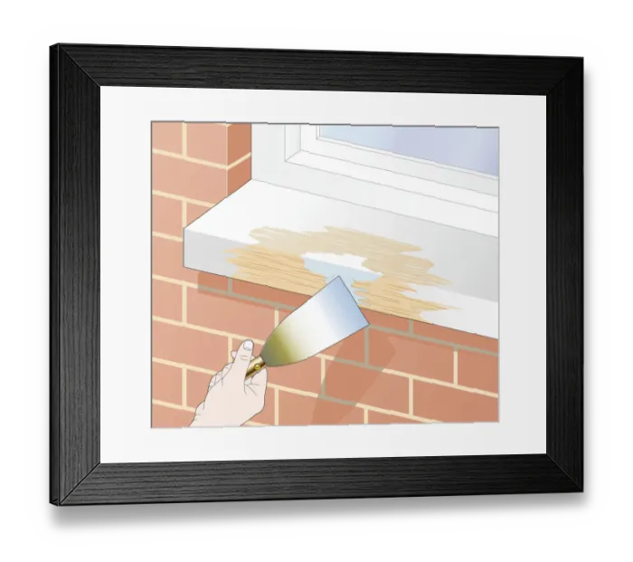 Framed Print : Digital illustration of hand holding trowel near wooden window sill treated with wood-hardening resin, sanded and filler Framed Print : Digital illustration of hand holding trowel near wooden window sill treated with wood-hardening resin, sanded and filler