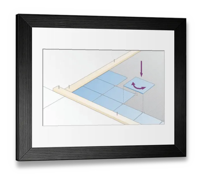 Framed Print : Digital Illustration showing how to lay ceramic tile butting close to battens by twisting the tile