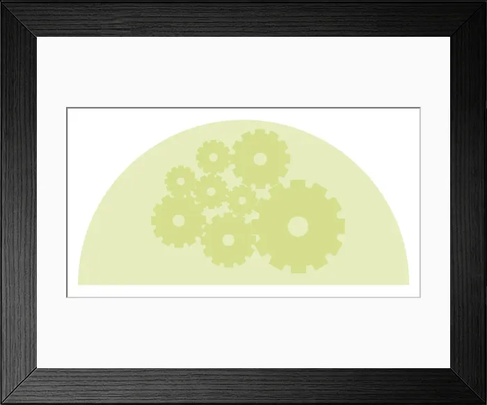 Framed Print : Digital illustration of cogs in green semi circle Framed Print : Digital illustration of cogs in green semi circle