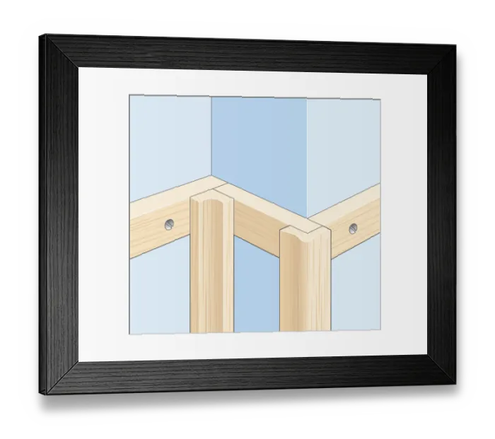 Framed Print : Digital Illustration showing special wood mouldings fixed to internal and external corner frame Framed Print : Digital Illustration showing special wood mouldings fixed to internal and external corner frame