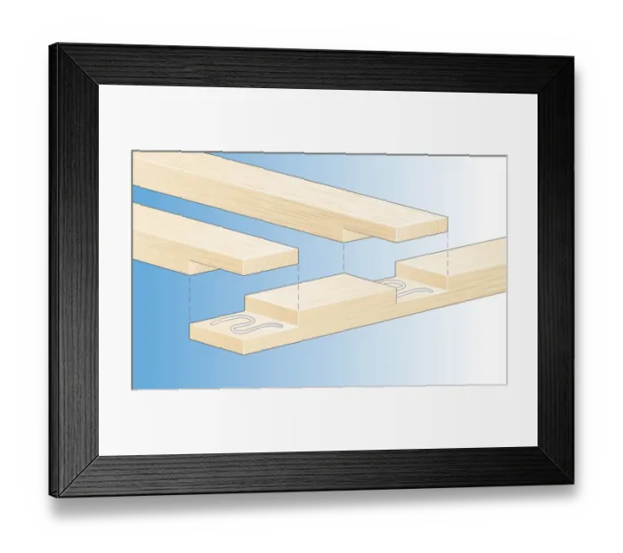 Framed Print : Digital illustration of gluing wood halving joints to end and middle of timber Framed Print : Digital illustration of gluing wood halving joints to end and middle of timber