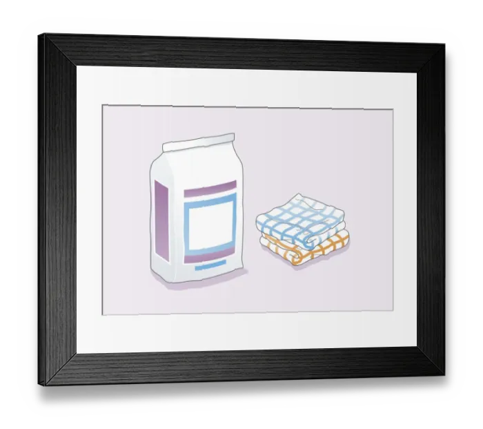 Framed Print : Digital illustration of bag containing powdered grout, and two folded rags