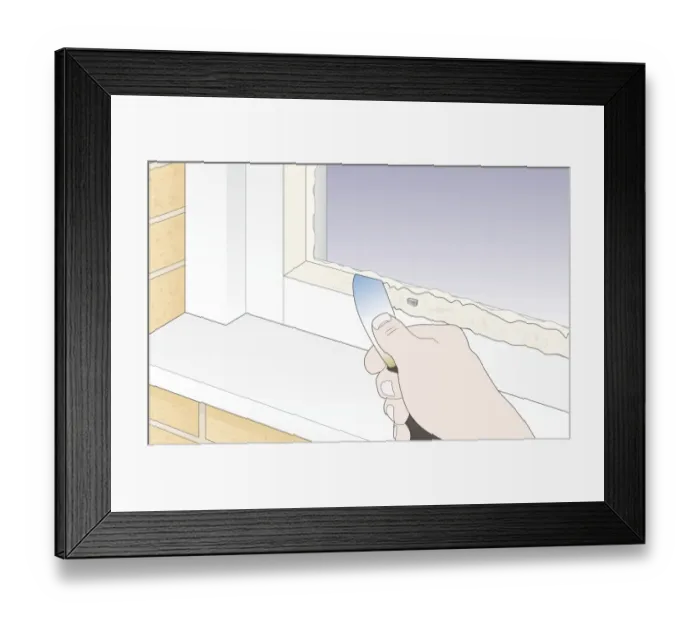 Framed Print : Digital Illustration showing how to use penknife to smooth putty and secure pane of glass in window frame Framed Print : Digital Illustration showing how to use penknife to smooth putty and secure pane of glass in window frame
