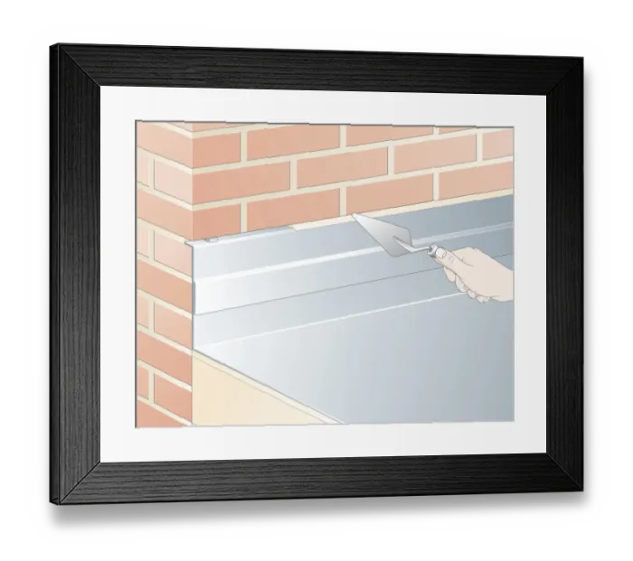 Framed Print : Digital illustration of repointing mortar joint around metal flashing above extension roof using trowel Framed Print : Digital illustration of repointing mortar joint around metal flashing above extension roof using trowel