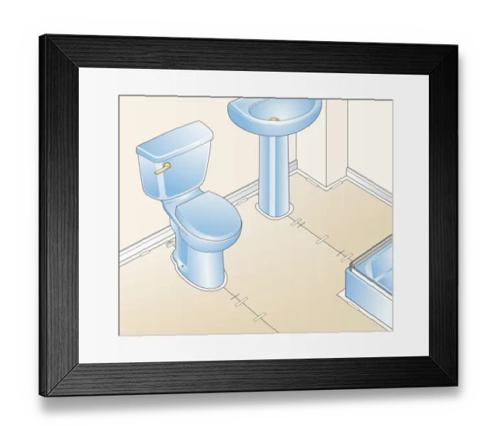 Framed Print : Digital illustration of paper template taped to bathroom floor surrounding toilet and sink Framed Print : Digital illustration of paper template taped to bathroom floor surrounding toilet and sink