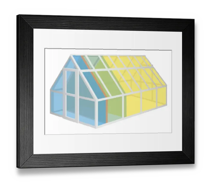 Framed Print : Digital illustration of greenhouse representing gas emissions by weight showing Nitrous Oxide (blue), Artificial Gases (orange) Methane (green), Carbon Dioxide (Yellow) Framed Print : Digital illustration of greenhouse representing gas emissions by weight showing Nitrous Oxide (blue), Artificial Gases (orange) Methane (green), Carbon Dioxide (Yellow)