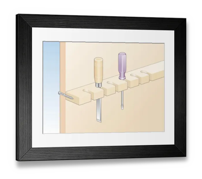 Framed Print : Illustration of carpentry chisel, and screwdriver in batten keyhole slots Framed Print : Illustration of carpentry chisel, and screwdriver in batten keyhole slots