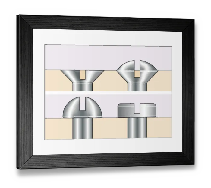 Framed Print : Digital illustration countersunk, raised, round, and pan screw, heads Framed Print : Digital illustration countersunk, raised, round, and pan screw, heads