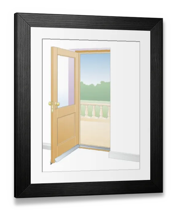 Framed Print : Digital illustration of open door showing draughtproofing foam strip surrounding frame, and brush threshold strip on bottom edge Framed Print : Digital illustration of open door showing draughtproofing foam strip surrounding frame, and brush threshold strip on bottom edge