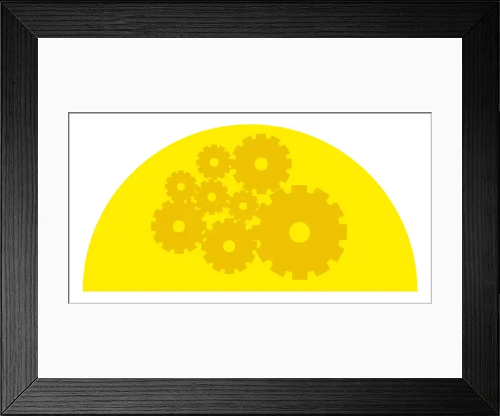 Framed Print : Digital illustration of cogs in yellow semi circle Framed Print : Digital illustration of cogs in yellow semi circle