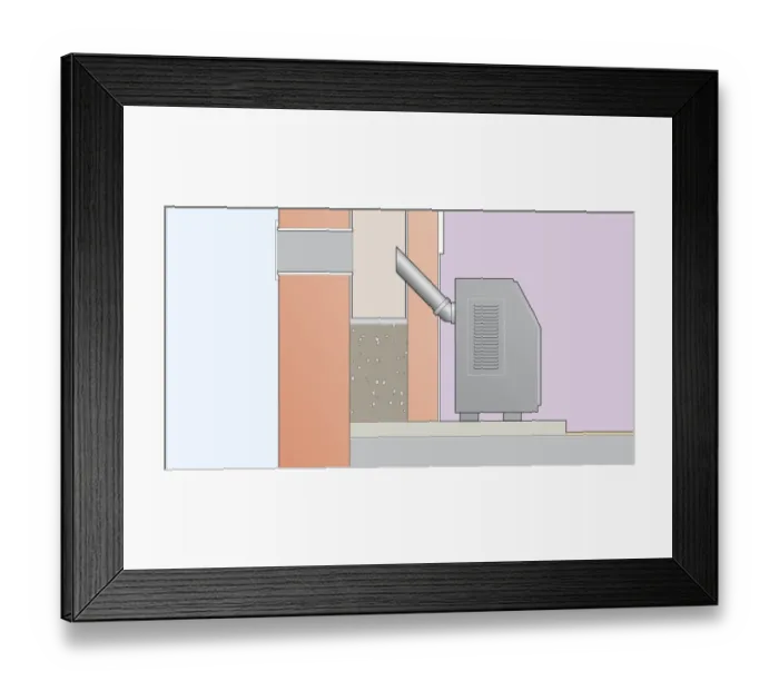 Framed Print : Digital illustration of wood-burning stove, access trap and flue pipe