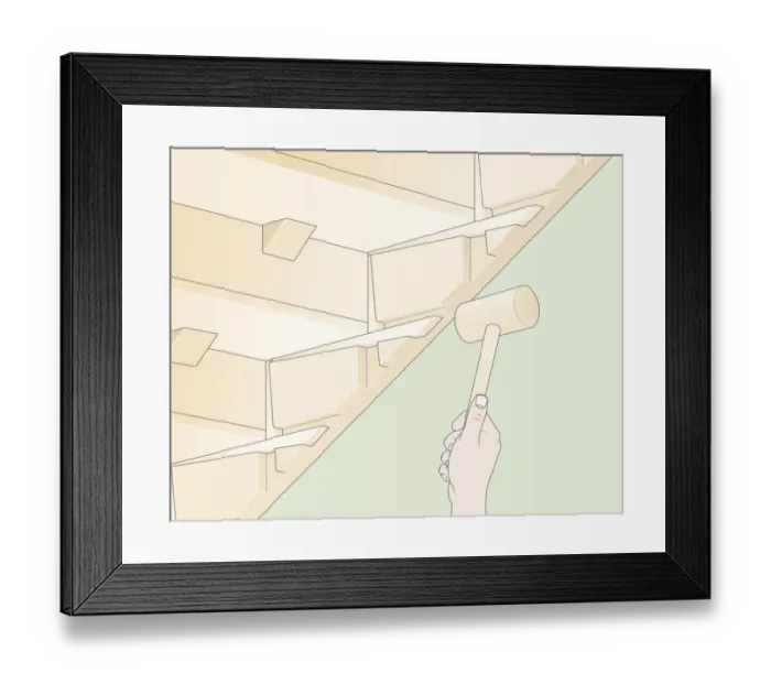 Framed Print : Digital Illustration of using mallet to tap loose wedges back into place below staircase tread Framed Print : Digital Illustration of using mallet to tap loose wedges back into place below staircase tread
