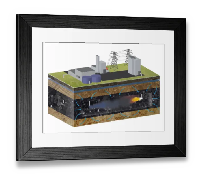 Framed Print : Cross section digital illustration showing gasification power plant above coal burning below ground Framed Print : Cross section digital illustration showing gasification power plant above coal burning below ground