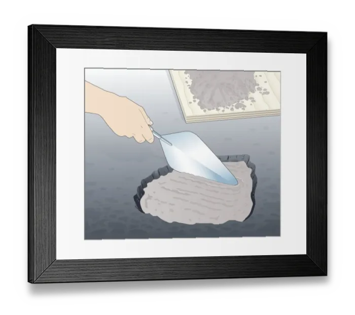 Framed Print : Illustration of using masonry trowel to repair hole in asphalt path with concrete Framed Print : Illustration of using masonry trowel to repair hole in asphalt path with concrete