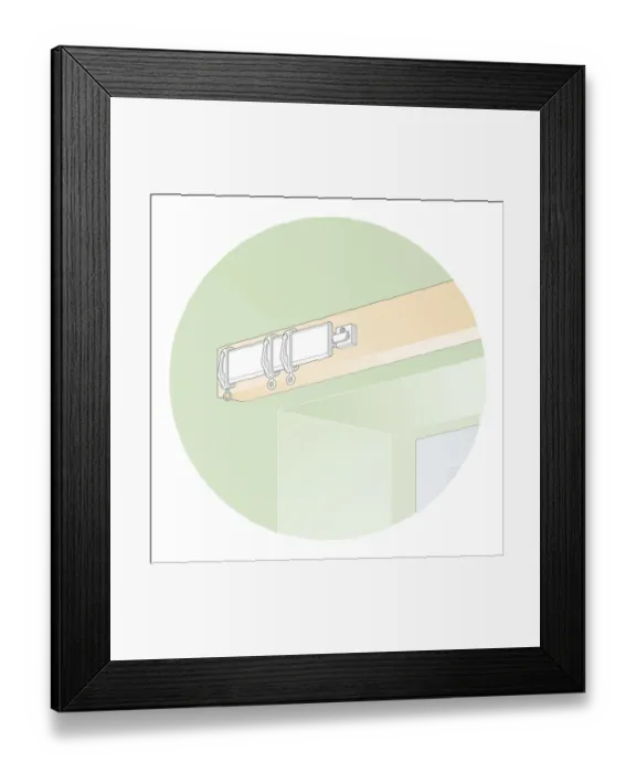 Framed Print : Digital illustration showing curtain hooks on plastic curtain rail track