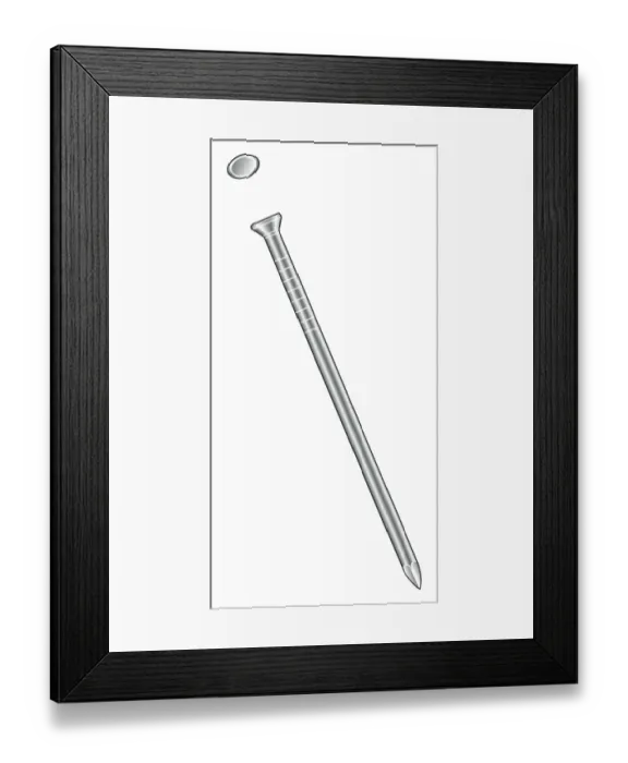 Framed Print : Black and white illustration of finishing nail with smooth shank and round head