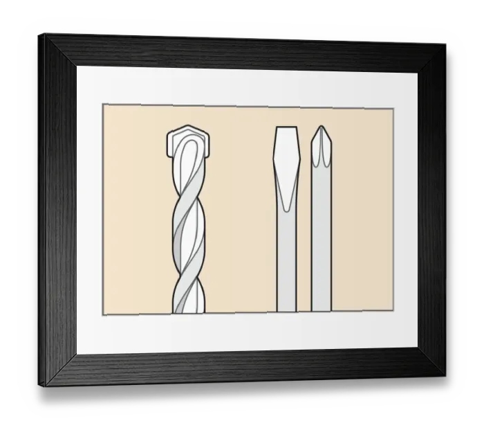 Framed Print : Illustration drill bit, flat-head screwdriver, and phillips screwdriver Framed Print : Illustration drill bit, flat-head screwdriver, and phillips screwdriver