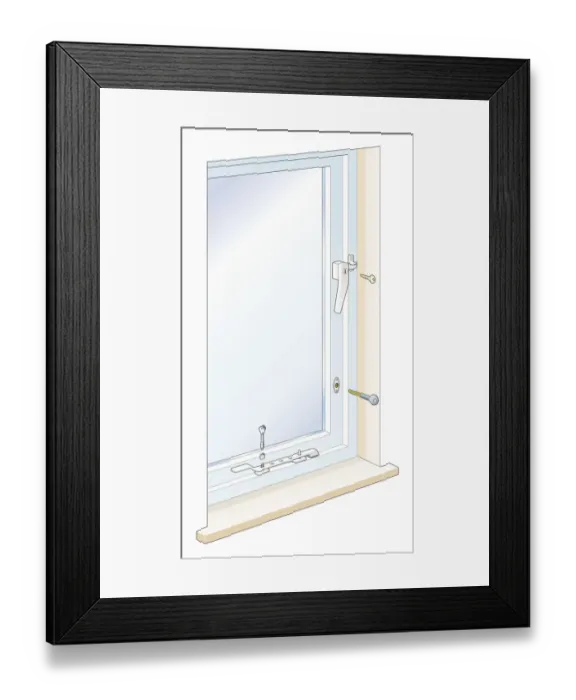Framed Print : Digital illustration showing how to lock a casement window Framed Print : Digital illustration showing how to lock a casement window