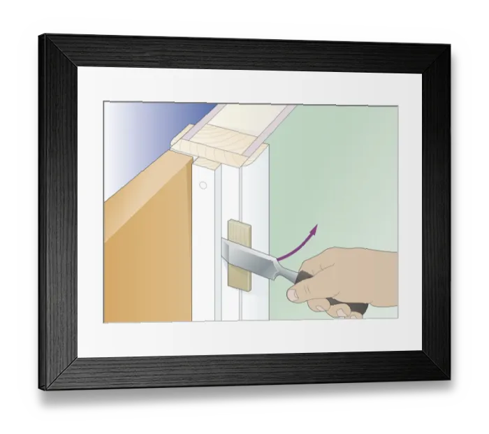 Framed Print : Digital illustration showing how to use chisel resting against offcut to prise doorstops off from warped door