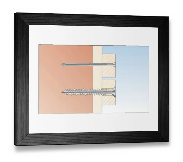Framed Print : Digital cross section illustration of round head masonry nail and flat head screw inserted through timber and wall Framed Print : Digital cross section illustration of round head masonry nail and flat head screw inserted through timber and wall