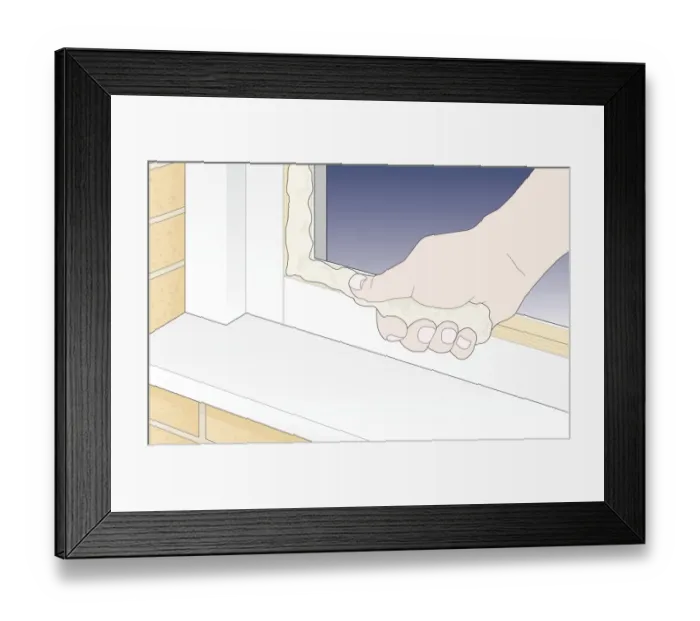 Framed Print : Digital Illustration showing how to stick glazing putty to edge of window frame using thumb Framed Print : Digital Illustration showing how to stick glazing putty to edge of window frame using thumb