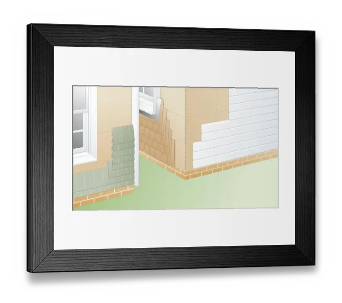 Framed Print : Digital illustration of slate tiles, wood shingles, and white clapboard fixed to vapour barrier of building paper and battens on outside walls of house