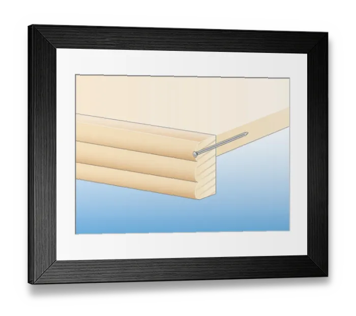 Framed Print : Cross section digital illustration showing strip of wooden moulding nailed to edge of shelf Framed Print : Cross section digital illustration showing strip of wooden moulding nailed to edge of shelf
