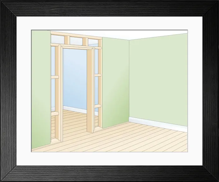 Framed Print : Digital illustration of doorframe showing trimmer, noggin, lining, and position of shortened studs Framed Print : Digital illustration of doorframe showing trimmer, noggin, lining, and position of shortened studs