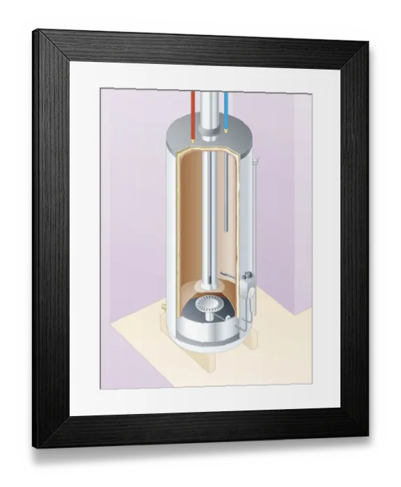 Framed Print : Cross section digital illustration of a gas water heater showing cold in, hot out, chimney running through centre of tank, and burner Framed Print : Cross section digital illustration of a gas water heater showing cold in, hot out, chimney running through centre of tank, and burner