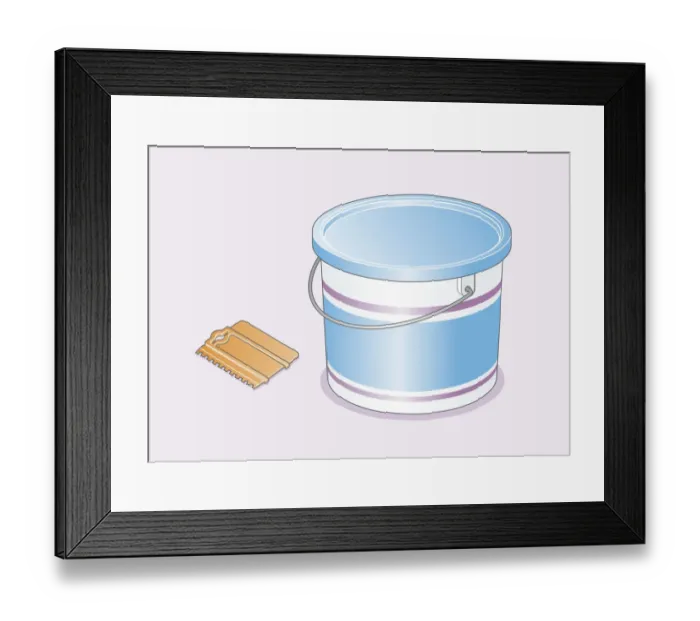 Framed Print : Digital illustration of wall tile adhesive in plastic container, and notched adhesive spreader Framed Print : Digital illustration of wall tile adhesive in plastic container, and notched adhesive spreader