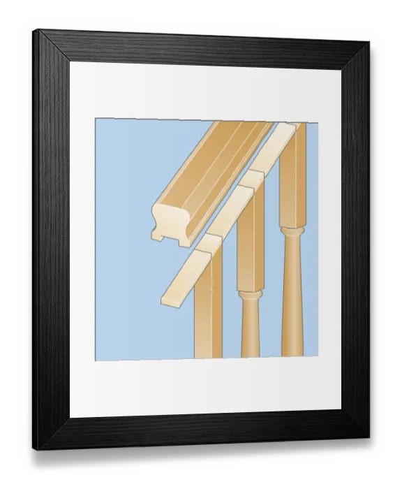 Framed Print : Cross section digital illustration of spacers which hold balusters in place on handrail Framed Print : Cross section digital illustration of spacers which hold balusters in place on handrail