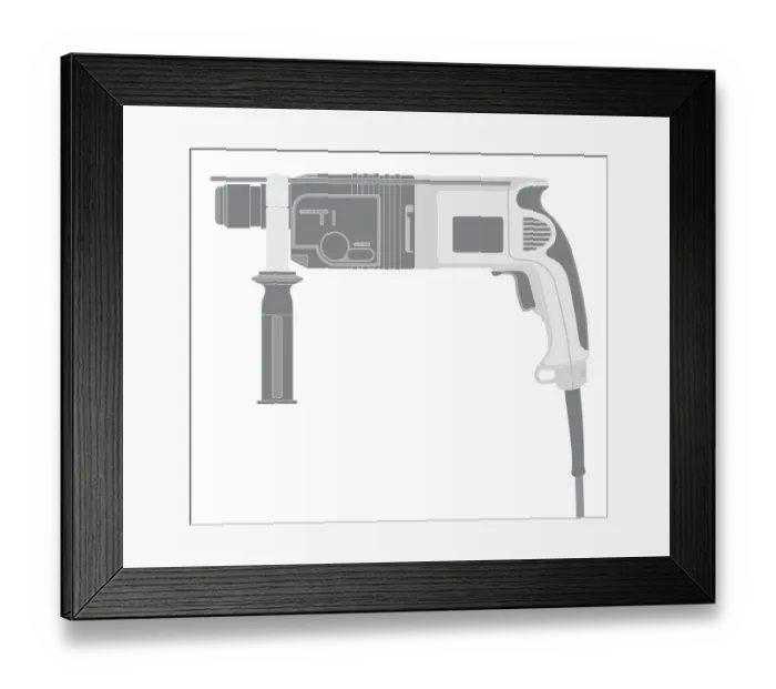 Framed Print : Black and white illustration of main-operated electric drill Framed Print : Black and white illustration of main-operated electric drill