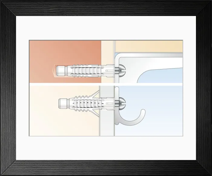 Framed Print : Digital Illustration of universal wall plugs securing metal hinge and hook to wall Framed Print : Digital Illustration of universal wall plugs securing metal hinge and hook to wall