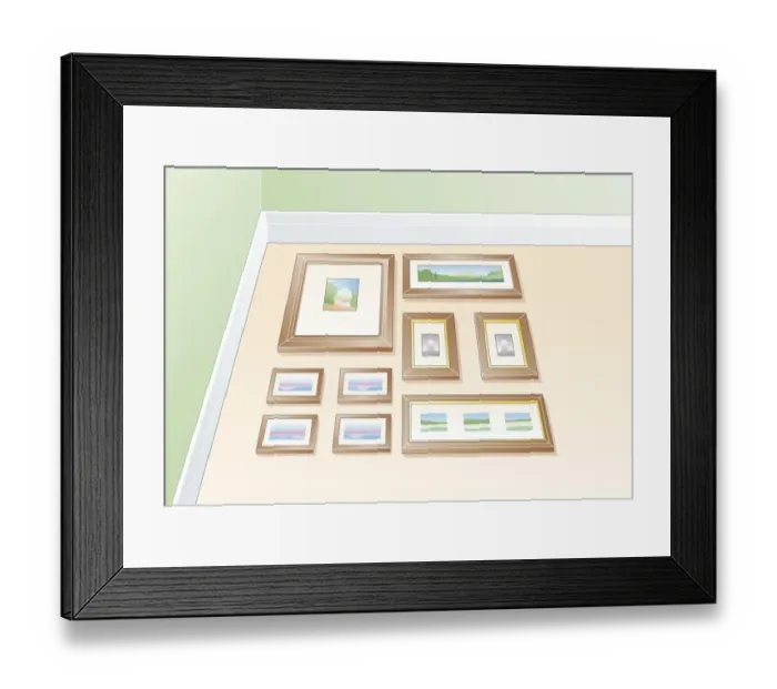 Framed Print : Digital illustration of pictures laid out on floor before attaching to wall Framed Print : Digital illustration of pictures laid out on floor before attaching to wall