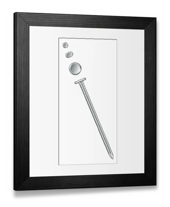 Framed Print : Illustration of round wire nail, and oval and lost head Framed Print : Illustration of round wire nail, and oval and lost head