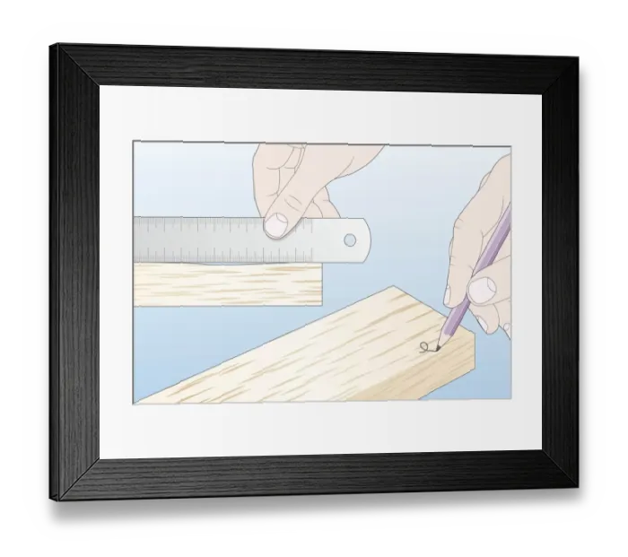 Framed Print : Digital illustration of ruler on piece of timber and marking end with loop to square up timber