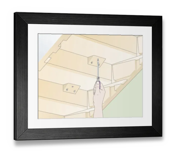 Framed Print : Digital illustration showing how to screw reinforcing blocks to back of tread from underneath stairs Framed Print : Digital illustration showing how to screw reinforcing blocks to back of tread from underneath stairs
