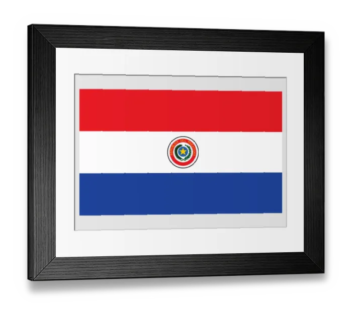 Framed Print : Illustration of flag of Paraguay, with three equal, horizontal red, white, and blue bands, national coat of arms of Paraguay, and five-pointed gold in centre Framed Print : Illustration of flag of Paraguay, with three equal, horizontal red, white, and blue bands, national coat of arms of Paraguay, and five-pointed gold in centre