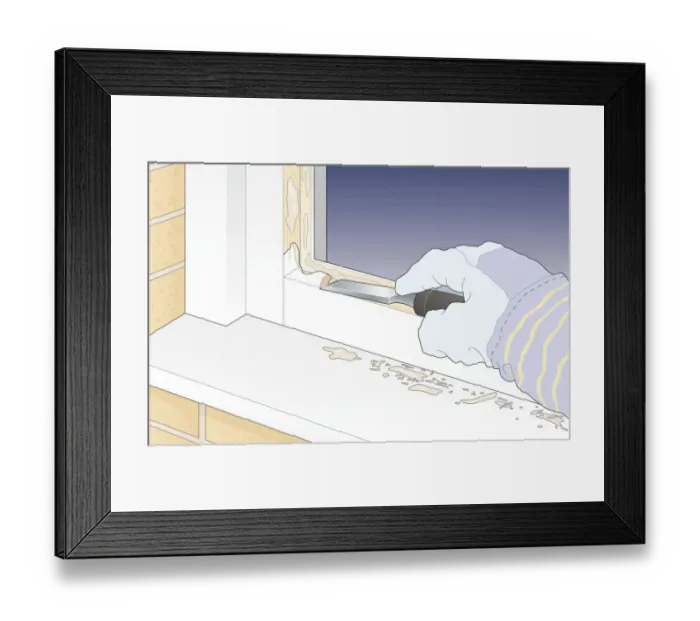 Framed Print : Digital illustration using chisel to remove old putty from window frame Framed Print : Digital illustration using chisel to remove old putty from window frame