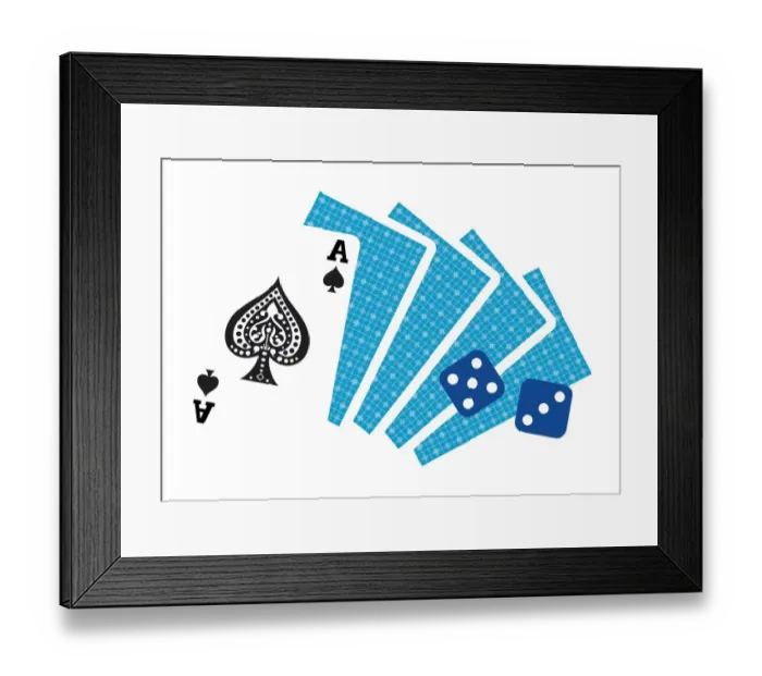 Framed Print : Digital illustration of ace of spades and two dice on top of face down cards Framed Print : Digital illustration of ace of spades and two dice on top of face down cards